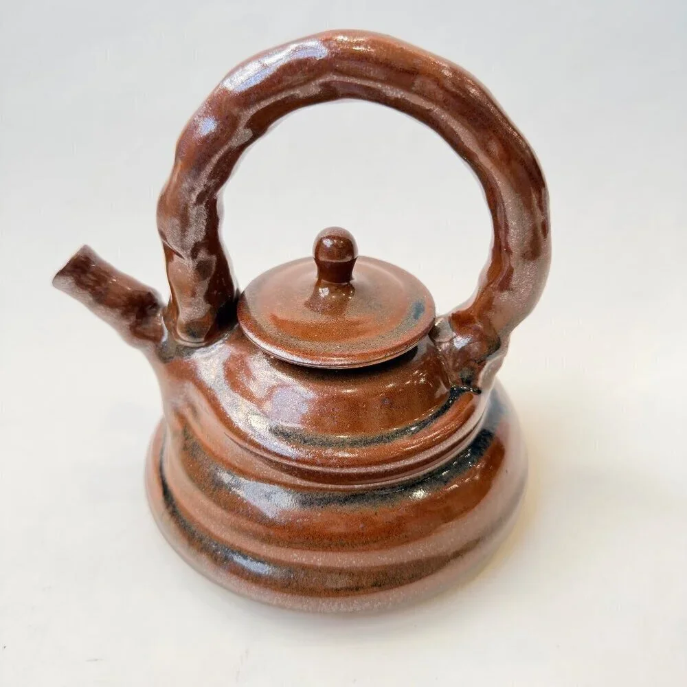 Vintage Artist-Made Signed Pottery Teapot Brown glazed Stoneware